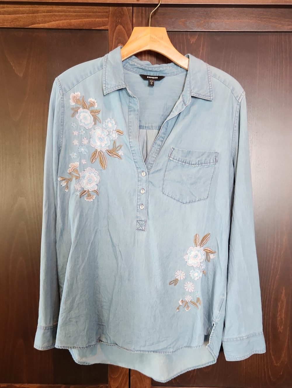 Express Light Blue Denim  Embroidered Shirt
